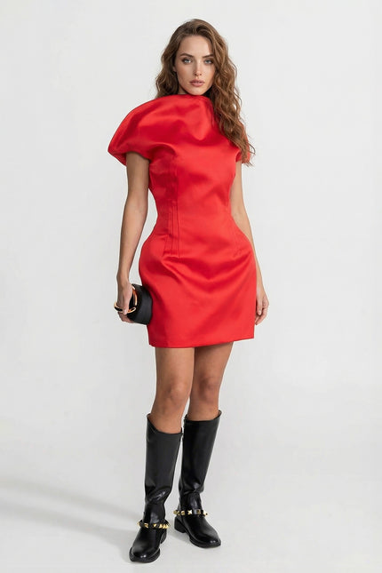 Giselle - Satin Midi Dress with Sculpted Shoulder Accent