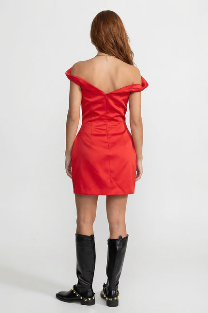 Giselle - Satin Midi Dress with Sculpted Shoulder Accent