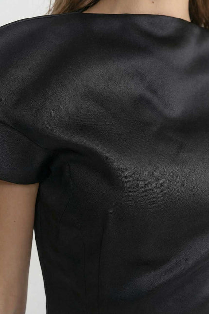 Giselle - Satin Midi Dress with Sculpted Shoulder Accent