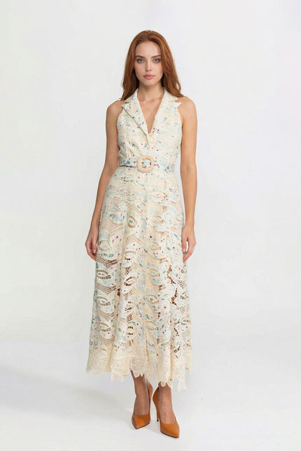 Haydée - Elegant Halter Lace Midi Dress with Belt