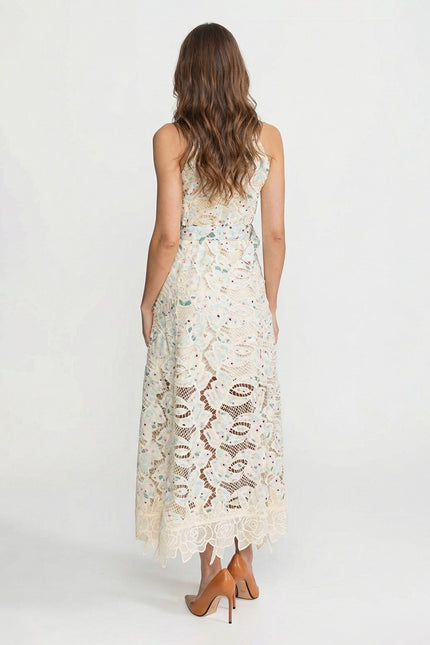 Haydée - Elegant Halter Lace Midi Dress with Belt