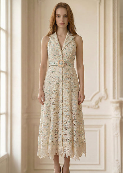 Haydée - Elegant Halter Lace Midi Dress with Belt