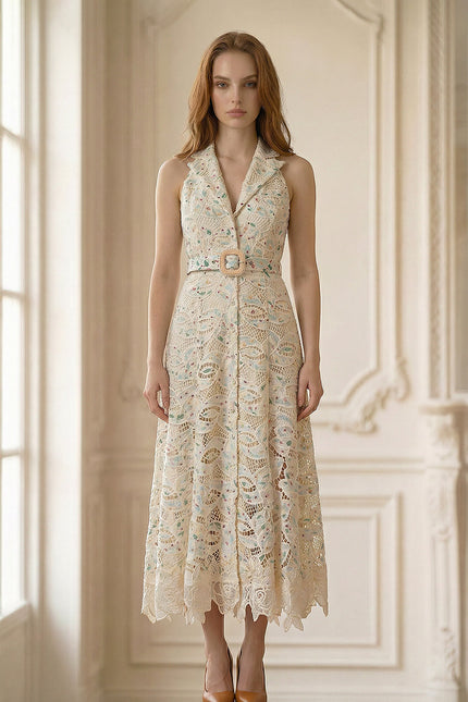 Haydée - Elegant Halter Lace Midi Dress with Belt