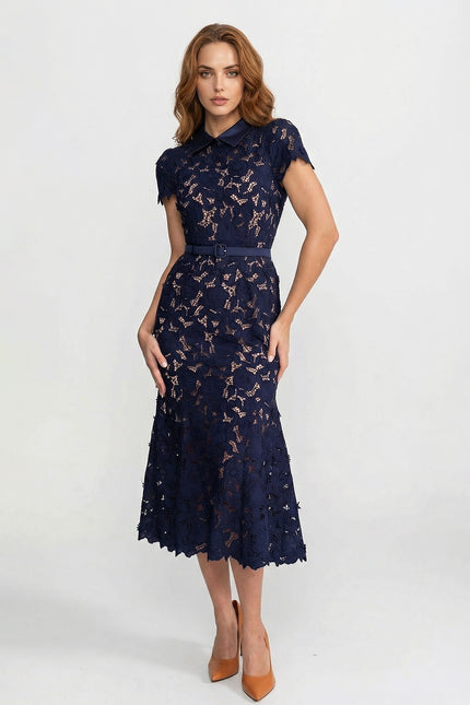 Heather - Elegant Lace Midi Dress with Collared Neckline