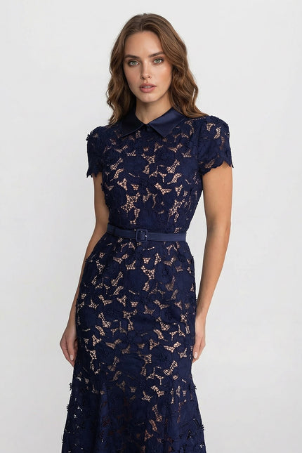 Heather - Elegant Lace Midi Dress with Collared Neckline