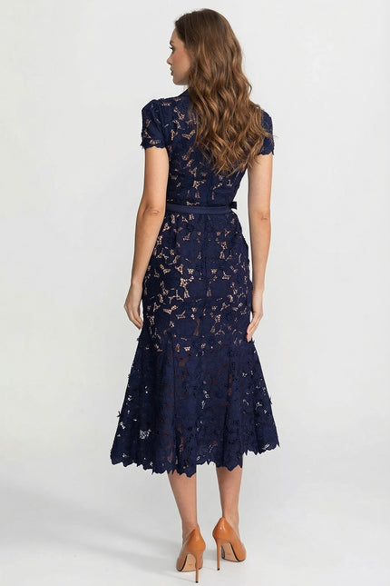Heather - Elegant Lace Midi Dress with Collared Neckline