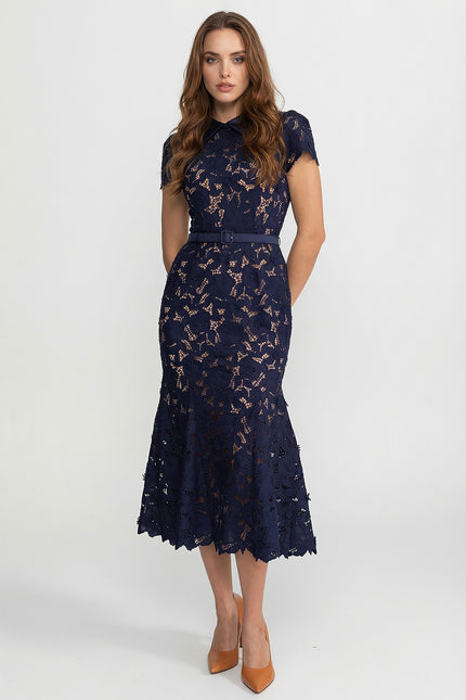 Heather - Elegant Lace Midi Dress with Collared Neckline