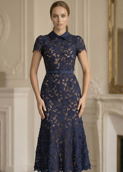 Heather - Elegant Lace Midi Dress with Collared Neckline
