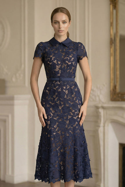 Heather - Elegant Lace Midi Dress with Collared Neckline