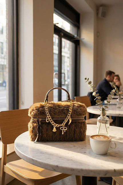 Isabella - Chic Faux Fur Handbag with Chain Accent