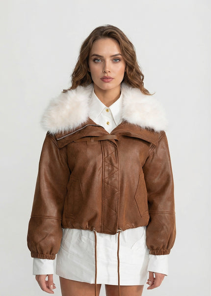 Joséphine - Elegant Cropped Suede Jacket with Faux Fur Collar