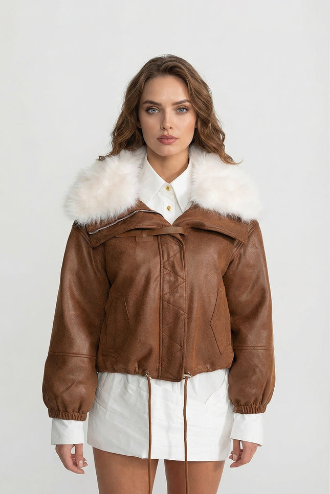 Joséphine - Elegant Cropped Suede Jacket with Faux Fur Collar