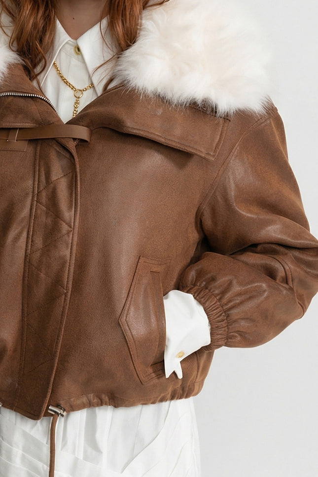 Joséphine - Elegant Cropped Suede Jacket with Faux Fur Collar