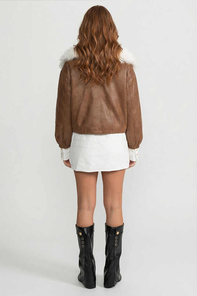 Joséphine - Elegant Cropped Suede Jacket with Faux Fur Collar