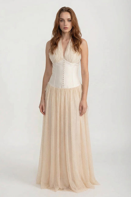 Jovina - Corset Bodice Maxi Gown with Flowing Skirt