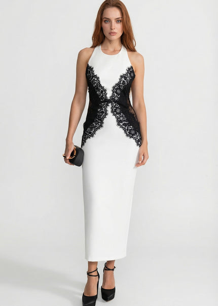 Julia - Halter Maxi Dress with Contrast Lace Panels