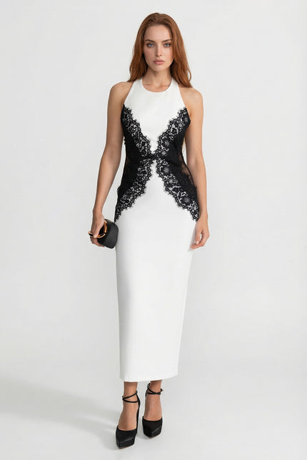 Julia - Halter Maxi Dress with Contrast Lace Panels