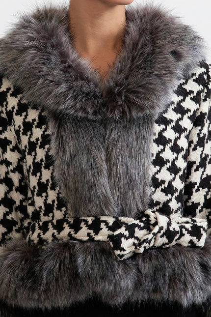 Léonie - Belted Houndstooth Wool Coat with Lux Fur