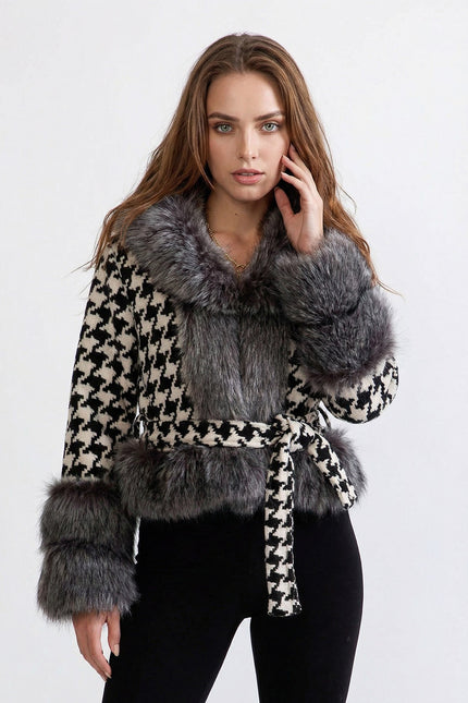 Léonie - Belted Houndstooth Wool Coat with Lux Fur
