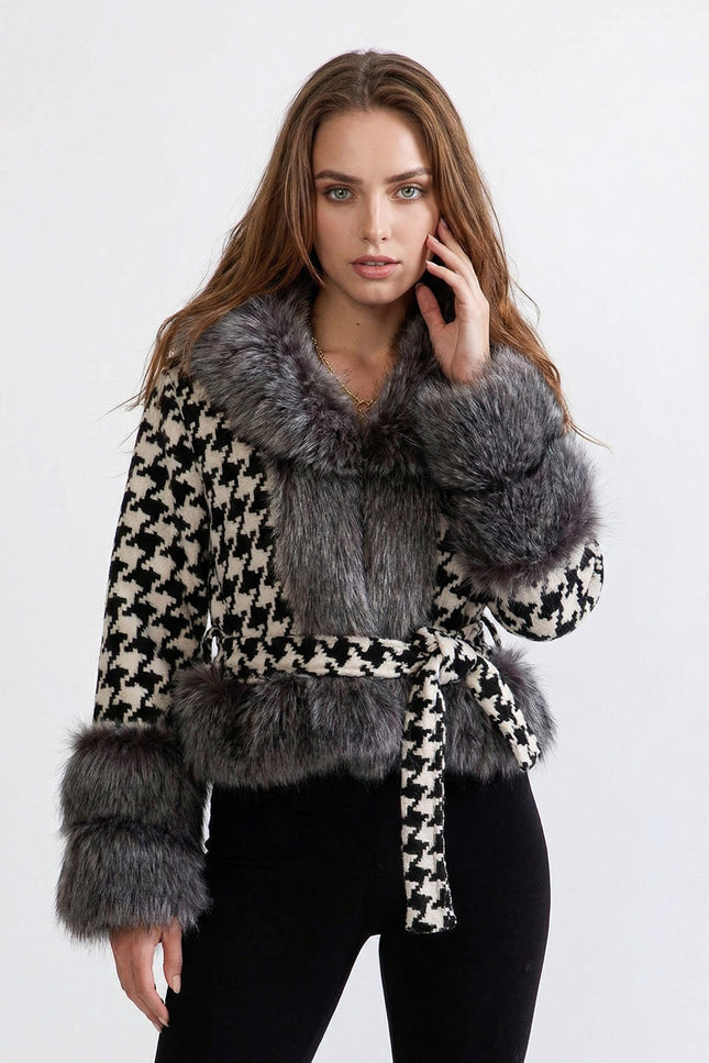 Léonie - Belted Houndstooth Wool Coat with Lux Fur