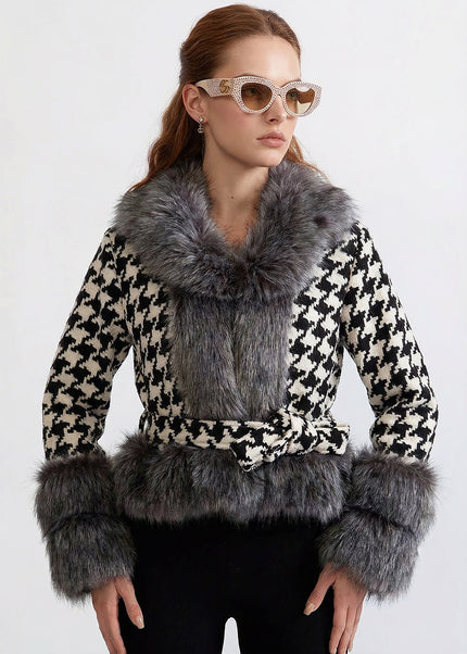 Léonie - Belted Houndstooth Wool Coat with Lux Fur