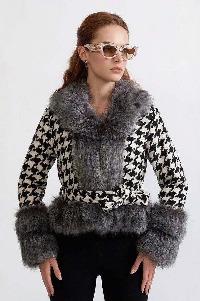 Léonie - Belted Houndstooth Wool Coat with Lux Fur