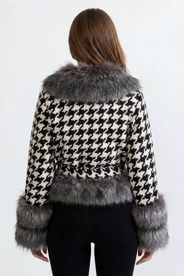 Léonie - Belted Houndstooth Wool Coat with Lux Fur