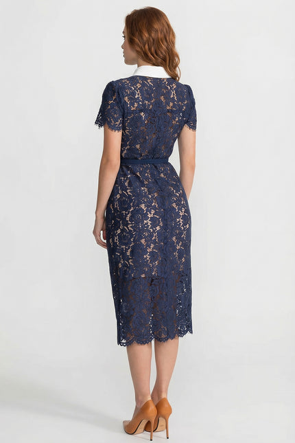 Louise - Floral Lace Midi Dress with Belted Waist