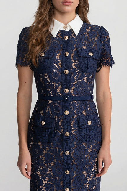 Louise - Floral Lace Midi Dress with Belted Waist