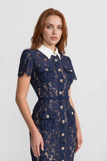Louise - Floral Lace Midi Dress with Belted Waist