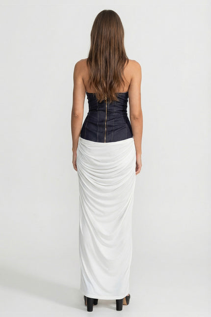 Madeleine - Halter Maxi Dress with Denim Corset Waist
