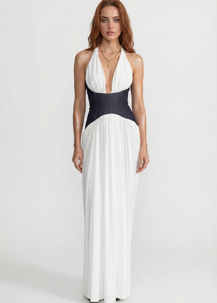 Madeleine - Halter Maxi Dress with Denim Corset Waist
