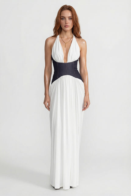 Madeleine - Halter Maxi Dress with Denim Corset Waist
