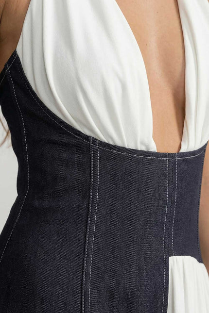 Madeleine - Halter Maxi Dress with Denim Corset Waist