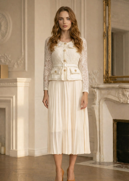 Margot - Gold Button Lace Pleated Midi Dress
