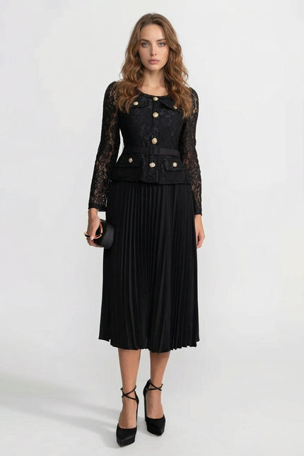 Margot - Gold Button Lace Pleated Midi Dress