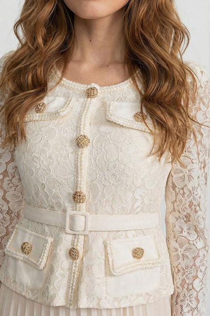 Margot - Gold Button Lace Pleated Midi Dress