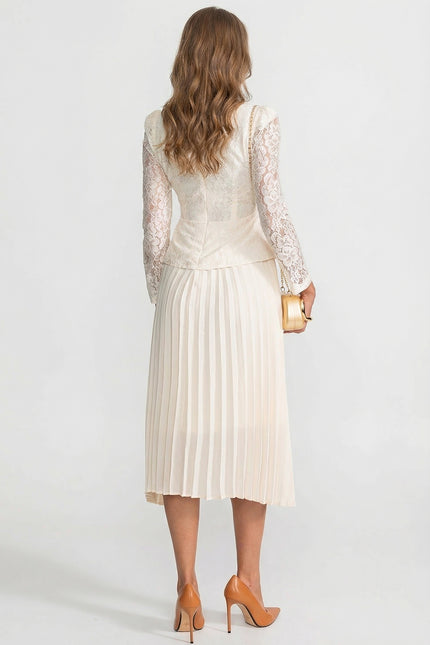 Margot - Gold Button Lace Pleated Midi Dress