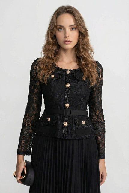 Margot - Gold Button Lace Pleated Midi Dress