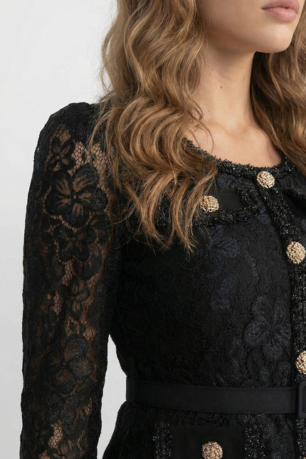 Margot - Gold Button Lace Pleated Midi Dress
