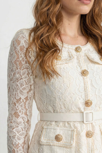 Margot - Gold Button Lace Pleated Midi Dress