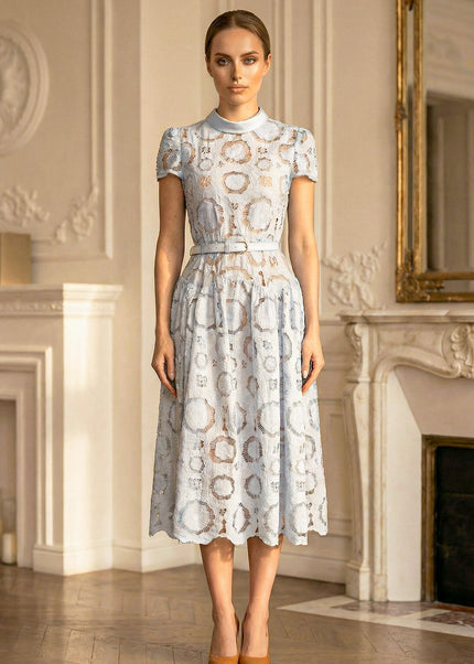 Marguerite - Elegant Midi Dress with Floral Lace and Belt