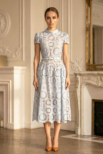 Marguerite - Elegant Midi Dress with Floral Lace and Belt
