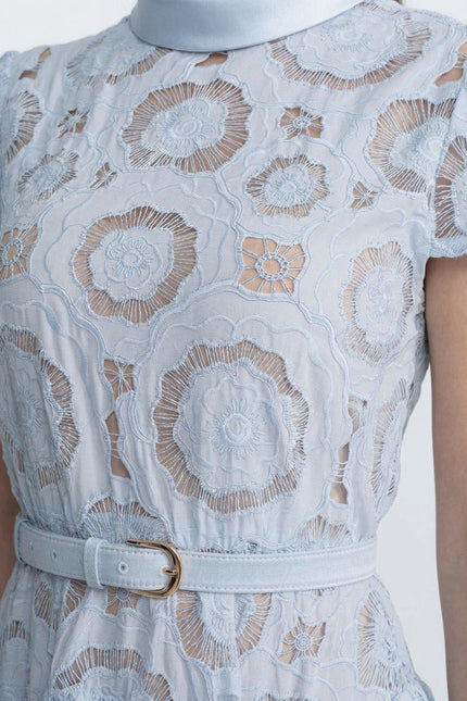 Marguerite - Elegant Midi Dress with Floral Lace and Belt