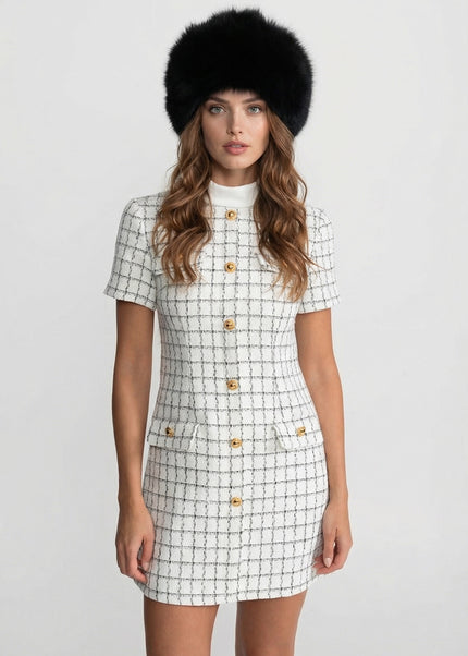 Maria - Short Sleeve Tweed Mini Dress with Contrast Collar