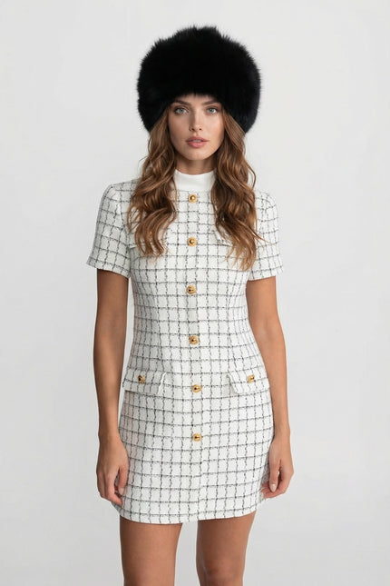 Maria - Short Sleeve Tweed Mini Dress with Contrast Collar