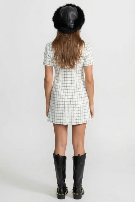 Maria - Short Sleeve Tweed Mini Dress with Contrast Collar