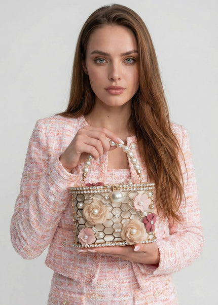 Marielle - Embellished Floral Clutch with Pearl Handle