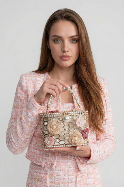 Marielle - Embellished Floral Clutch with Pearl Handle