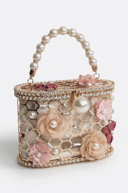 Marielle - Embellished Floral Clutch with Pearl Handle